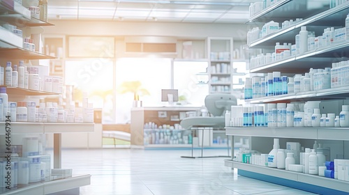 blurred unfocused pharmacy interior with shelves with medicines © HN Works