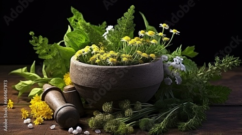 medical flowers herbs in mortar. alternative medicine. clover milfoil tansy rosebay photo