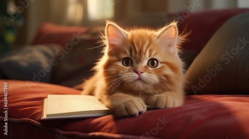 Cute red cat in glasses lying on sofa with book © HN Works