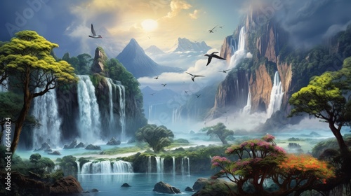 Illustration of beautiful waterfall mountains, birds, clouds and river over decorative background 3d wallpaper
