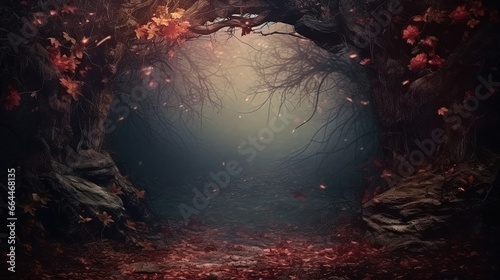 Fantasy Halloween Background. Beautiful deep forest with garlands, smoke and autumn leaves. Halloween holiday collage Art design, Frame. Copy space for your text