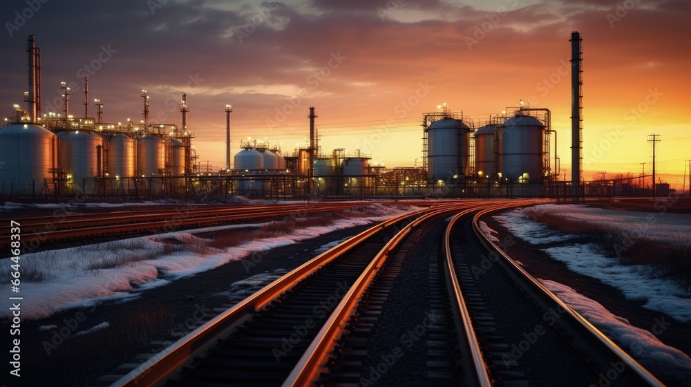 Fertilizer plant in an agricultural landscape at sunset. Railroad tanker cars stretched across the image. Night shot with lights on imposed on sunset background.