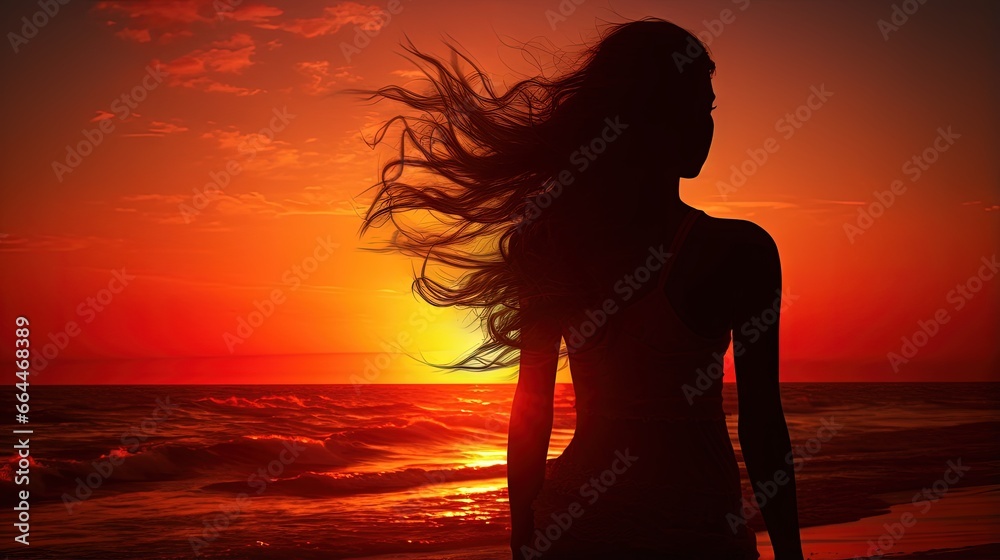 Silhouette of a girl on a background of the sea and red sky in the light of the setting sun.