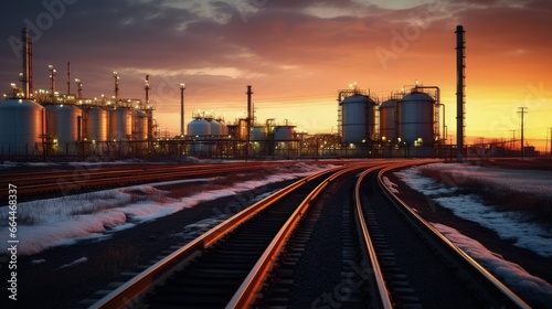 Fertilizer plant in an agricultural landscape at sunset. Railroad tanker cars stretched across the image. Night shot with lights on imposed on sunset background.