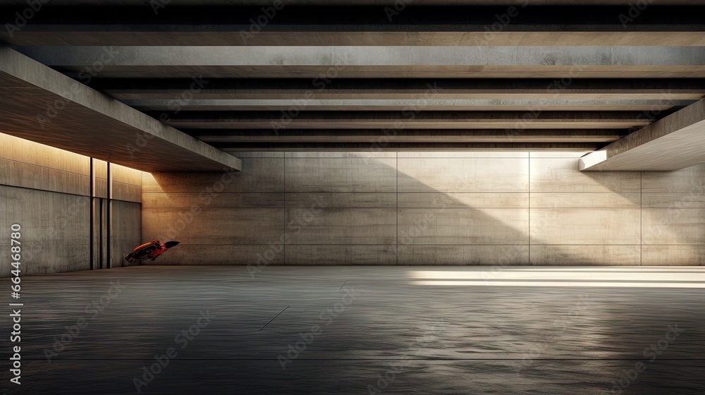 3d render of concrete architecture with car park, empty cement floor.