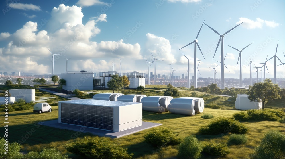 Concept of an energy storage system based on electrolysis of hydrogen in a clean environment with photovoltaics, wind farms and a city in the background. 3d rendering. - obrazy, fototapety, plakaty 