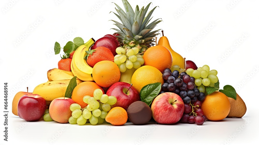 Close up of heap of fruit, isolated on white. Concept of healthy eating and dieting lifestyle Close up of heap of fruit, isolated on white. Concept of healthy eating and dieting lifestyle