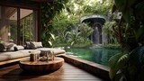 Small private swimming pool in Bali house. Green tropical plants around, wooden sofa. Villa in Jungle.