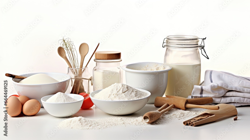 Cooking concept. Basic baking ingredients and kitchen tools isolated on white Cooking concept. Basic baking ingredients and kitchen tools isolated on white