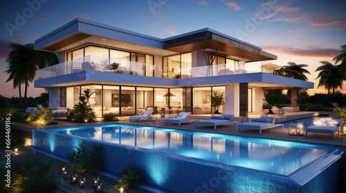 3D rendering of a villa with pool in the evening