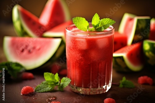 image of a tasty watermelon drink with a fruit slice and mint. Generative AI