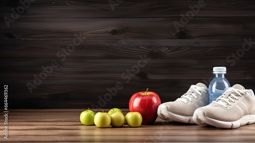 Fitness concept with sneakers dumbbells bottle of water apple and measure tape on wooden table background