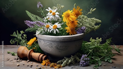 medical flowers herbs in mortar. alternative medicine. clover milfoil tansy rosebay