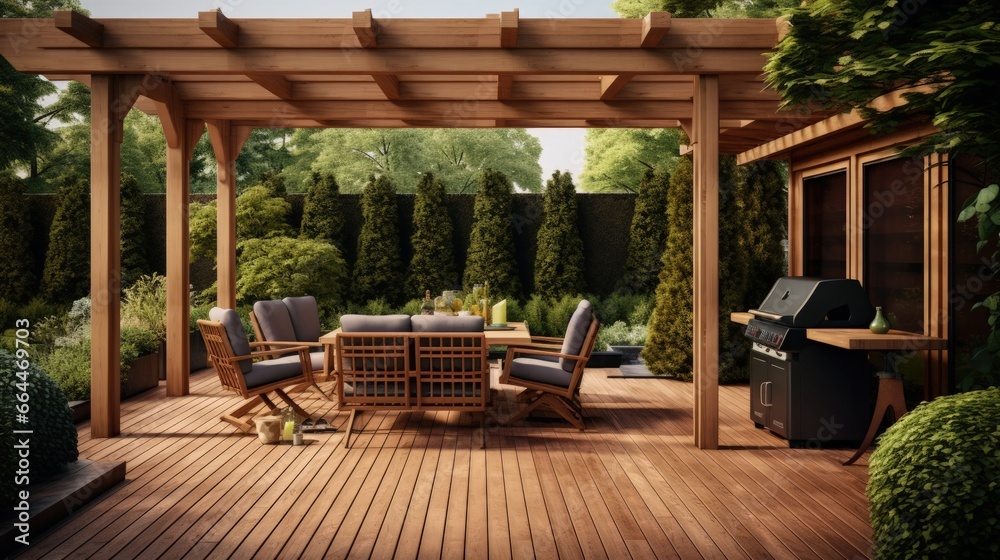 3D illustration of a luxury wooden teak deck with BBQ grill and decor furniture. Side view of a wooden pergola in green garden.