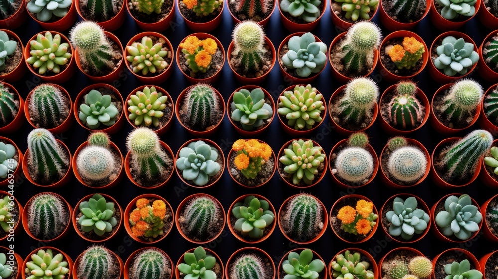 Many various small cactus in plastic pots on shelf for sale in plant shop at outdoor market