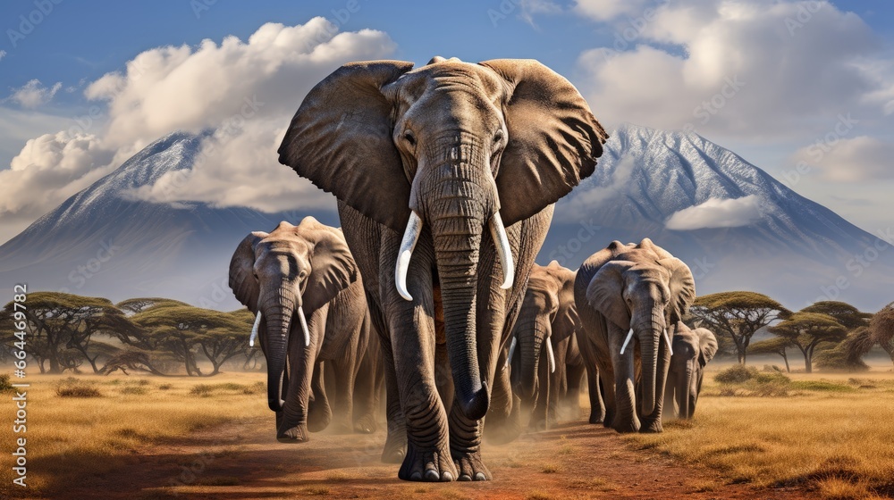 Fototapeta premium Herd of large African elephants walking in front of Mount Kilimanjaro in Amboseli, Kenya Africa