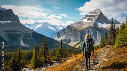 an avid hiker ascending a scenic mountain trail with breathtaking panoramic views of valleys and peaks