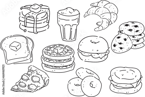 Set of outline vector food on transparent background. pack of cute doodle breakfast. simple line of yummy food.