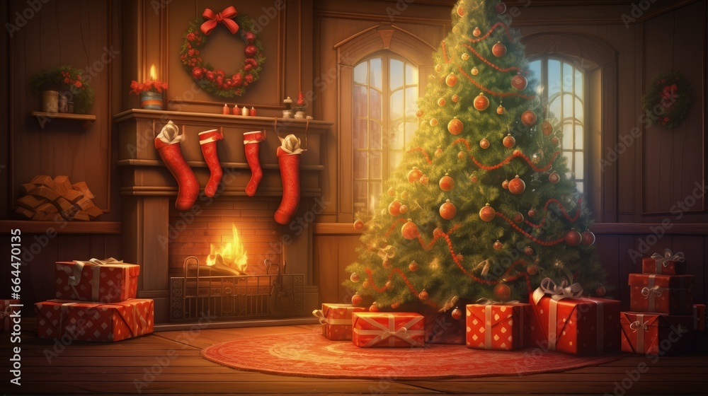 Decorated Christmas room with beautiful fir tree