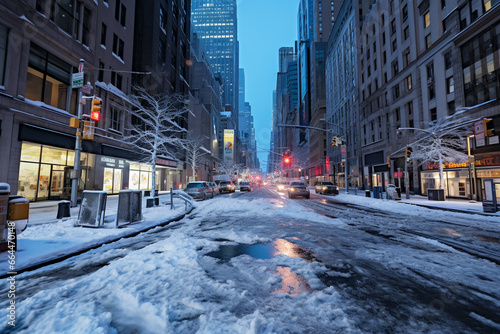 Incredible winter in New York city under bright sunny light in frosty morning. Snowy roads. © lelechka