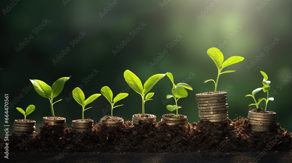 Growing money,finance and investment. Seedling are growing with business arrow of growth.Young plants on coin stacks increase. Concept of business growth,profit, development and success. - obrazy, fototapety, plakaty 
