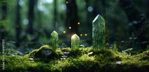 Crystals with moon phases image of moss in a mysterious forest, natural background. © MSTASMA
