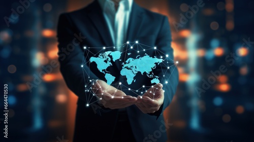 Businessman holding virtual human icon on world map for business CRM or Customer Relation Management and customer service concept by use social media technology.