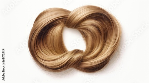 Beautiful strand of dark blonde hair tied in knot on white background, top view