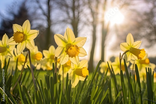 Daffodils in spring backlit by sun.