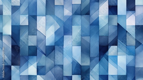 Watercolor Geometric Pattern. Blue Artistic Texture. Blocks Pattern. Indigo Ceramic Tile. Bohemian Surface Pattern. Geometric Print Seamless. Optical Repeat.