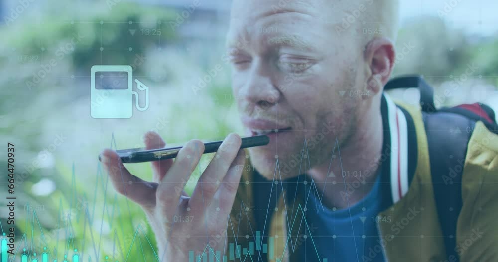 Animation of graphs, icons and changing numbers, albino african american man using voice assistant