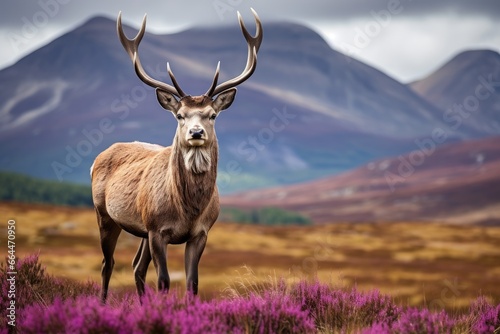 Red stag standing on a hilltop overlooking a beautiful summer landscape photo