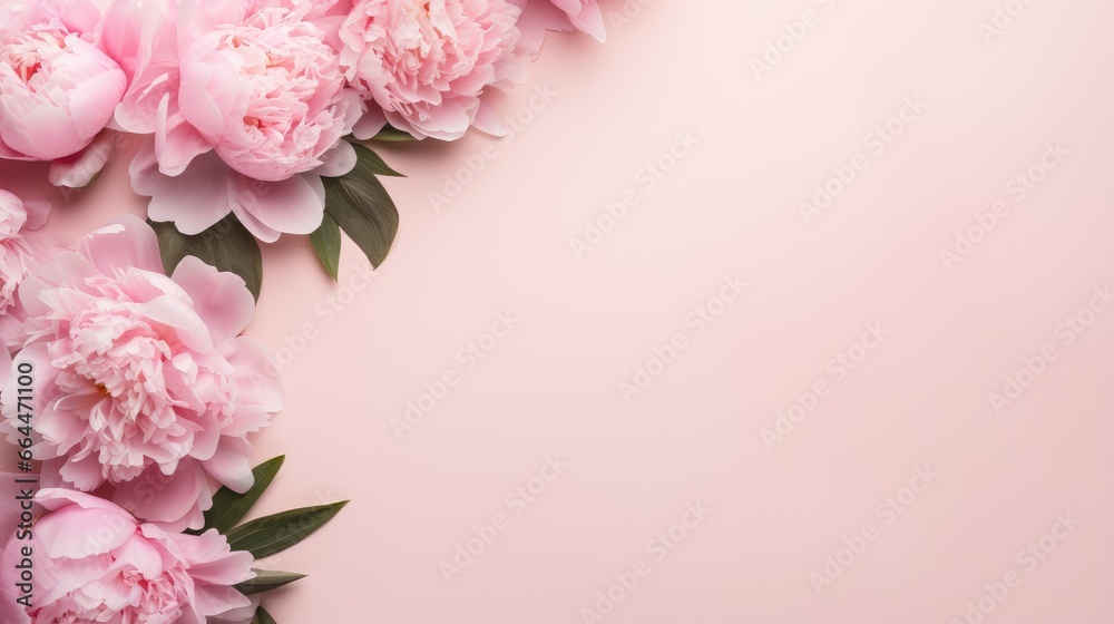 Beautiful pink peonies on a pastel background top view copy space