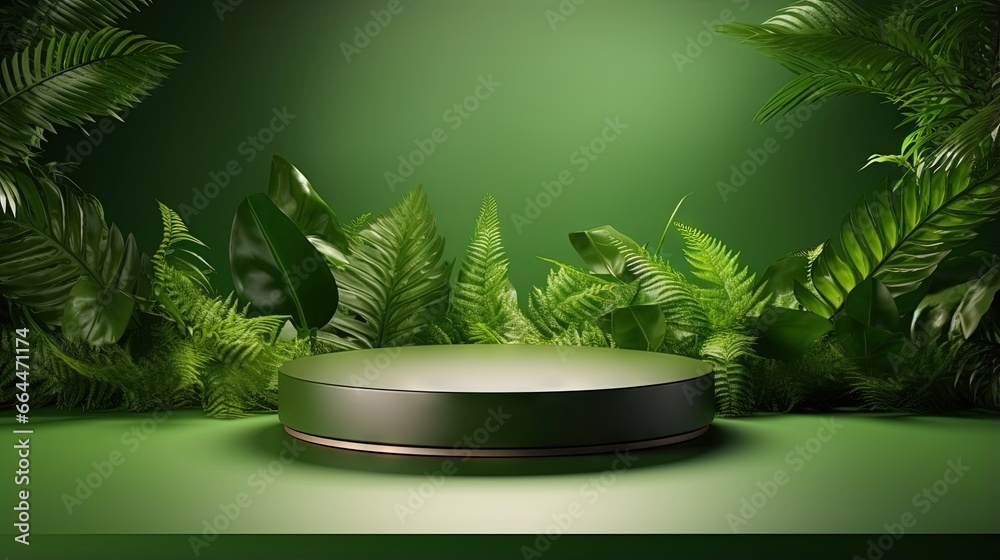 Product display podium with nature leaves on green background. 3D rendering Product display podium with nature leaves on green background. 3D rendering