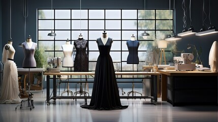 fashion design studio for sewing and cutting clothes, designer clothes, manufacturing, craft product.