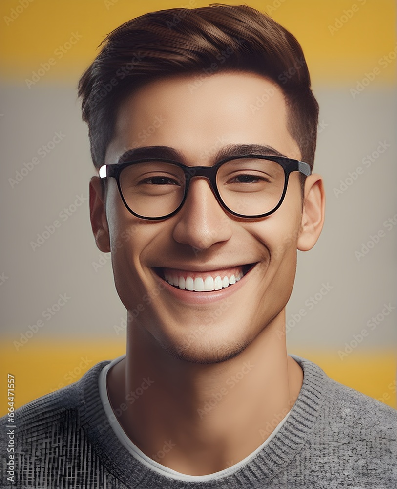 Stylish Smiling Man in Casual Sweater and Glasses on Vibrant Yellow. generative ai