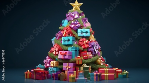 Christmas tree comprised of brightly colored gifts and presents. Lay flat. holiday idea.