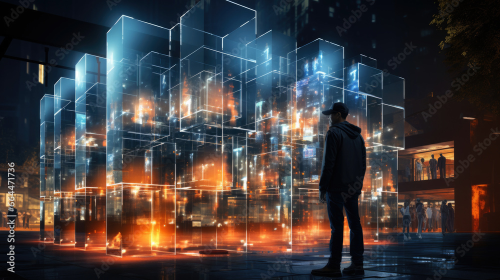 A man stands in front of glowing data computing block, high-tech background A man stands in front of glowing data computing block, high-tech background