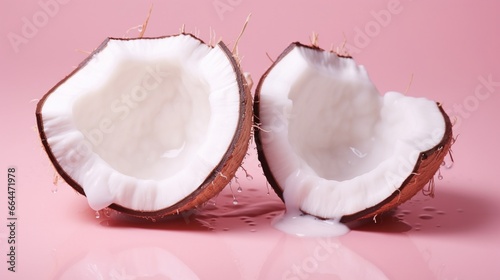 Coconut split in half, dripping pink milk. Minimalism.