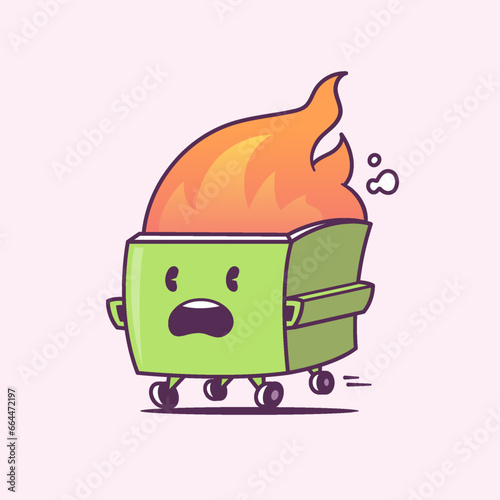 Dumpster on fire. Cartoon kawaii character vector illustration