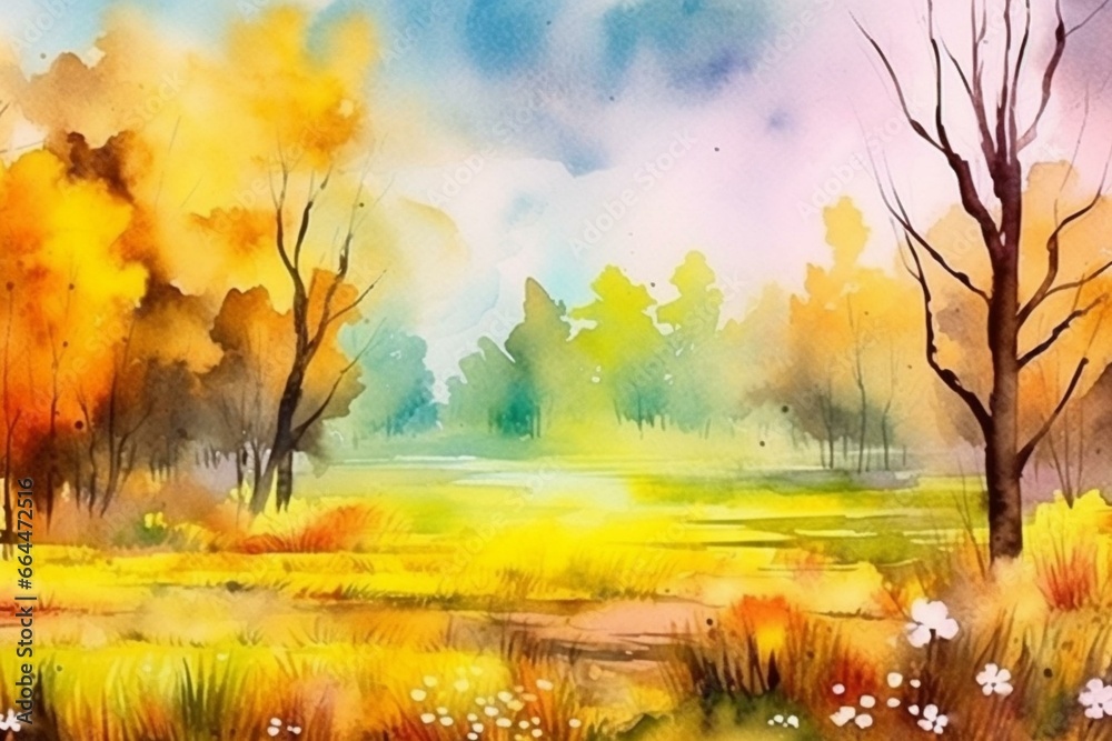 Vivid watercolor of spring landscape. Bright morning colors over picturesque meadow. Seasonal background. Horizontal wall art. Generative AI