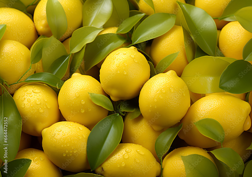  Yellow lemons with green leaves background 