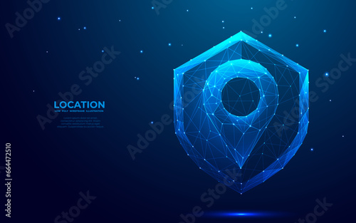 Digital pin on abstract shield. GPS protection concept. Technology location pin in futuristic low poly wireframe style on dark blue background. Monochrome hologram style. Polygonal vector illustration