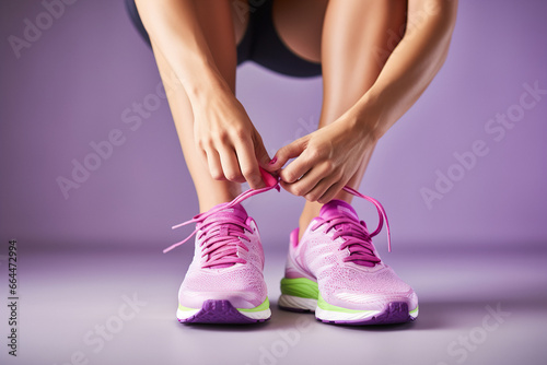 Young sporty woman puts on stylish color sneakers for training