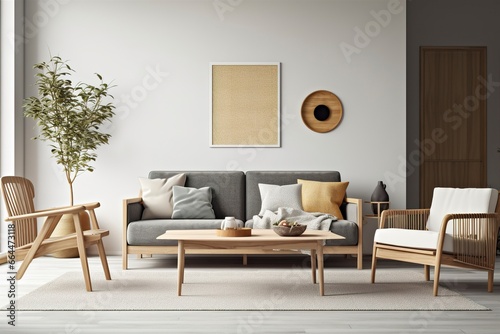 Interior of light living room with grey sofas, wooden armchair, and coffee table. © MSTASMA