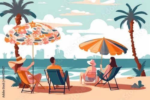 Illustration of a vacationing company on the coast under umbrellas in sun loungers.