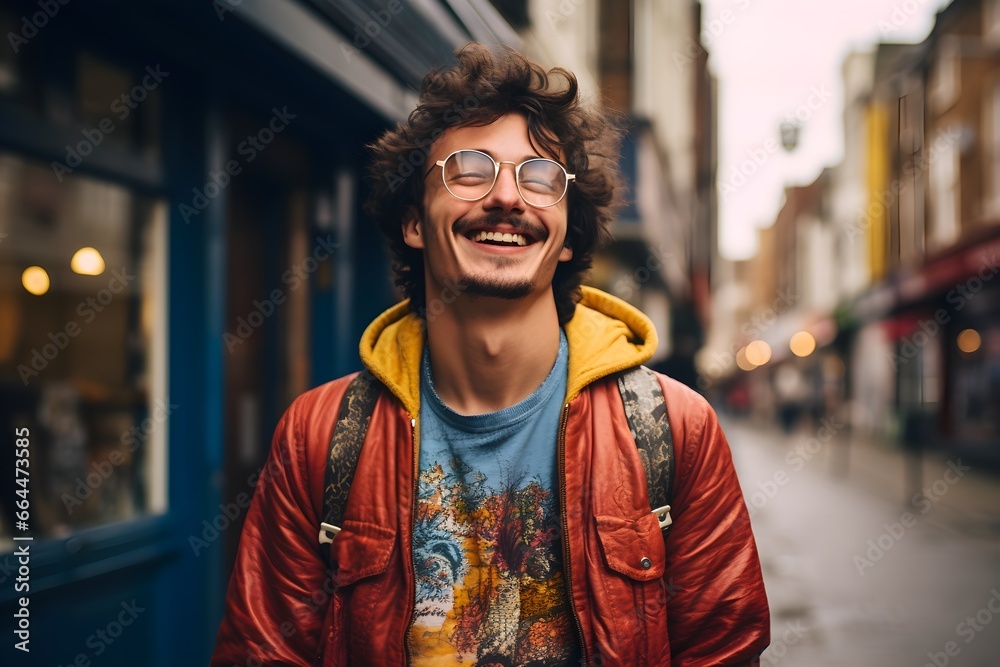 Fototapeta premium young handsome hipster man in red jacket and glasses in the city