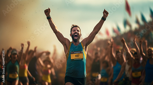 The intrepid athlete triumphantly raised their arms as they crossed the finish line, illustrating their determined and inspired attitude.