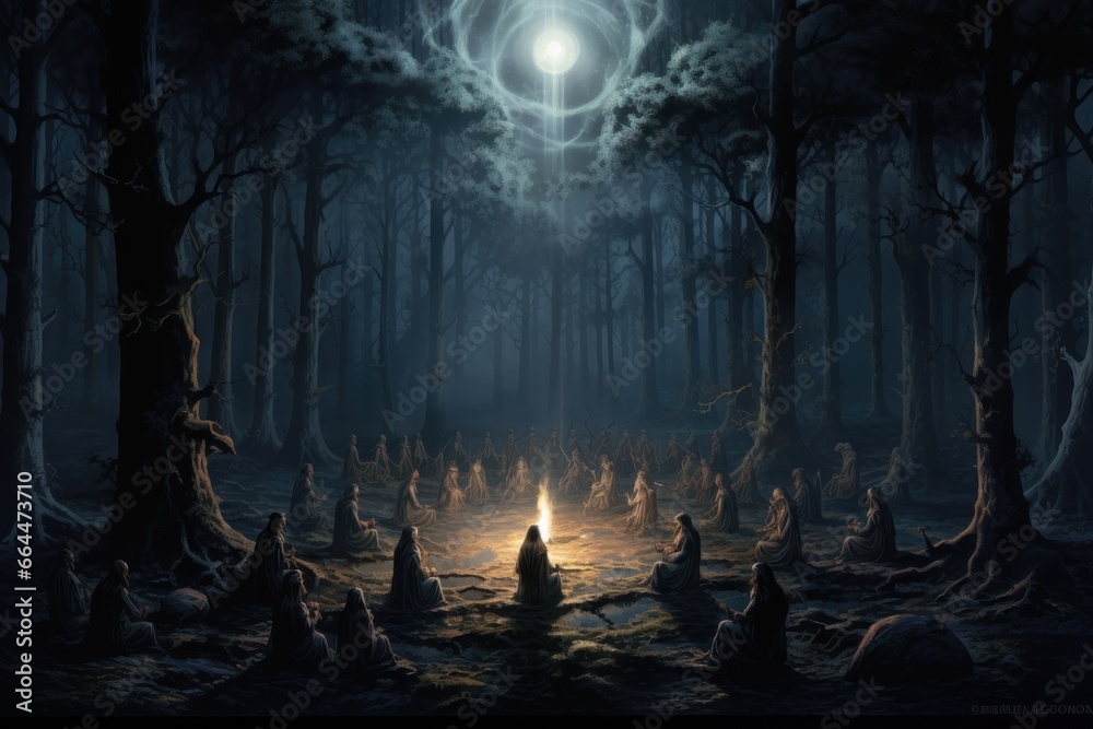 A mystical forest with ancient druids performing a moonlight ritual.