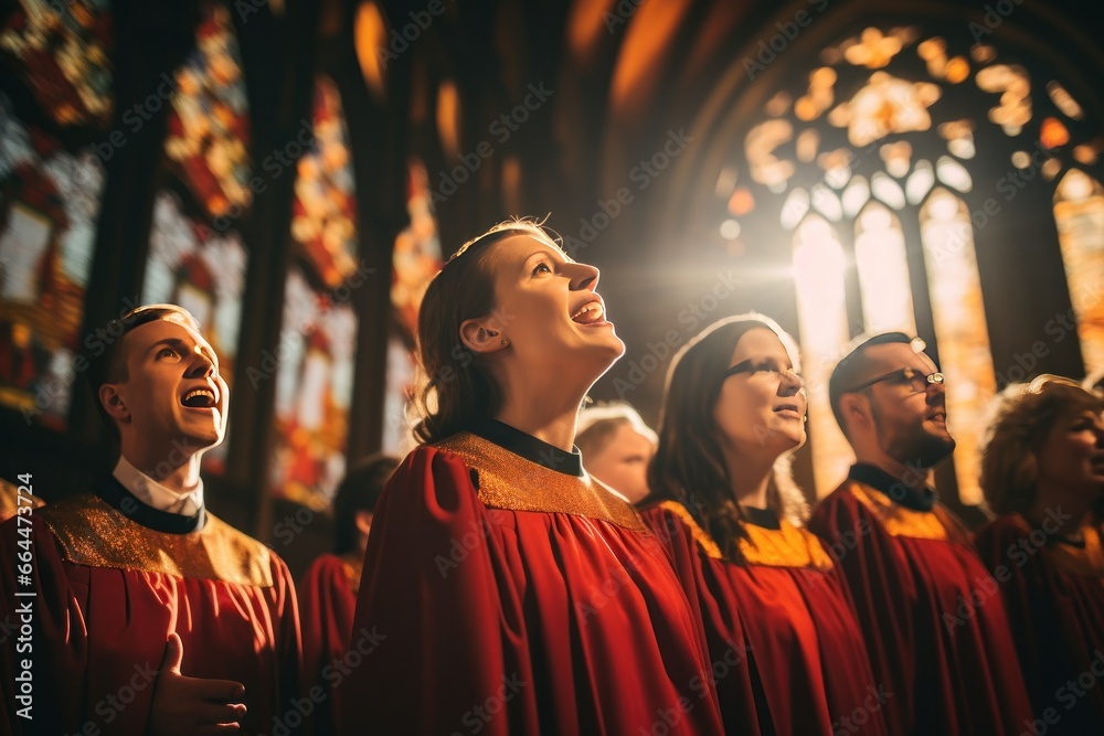 A serene church choir harmonizing hymns beneath a giant stained glass window.